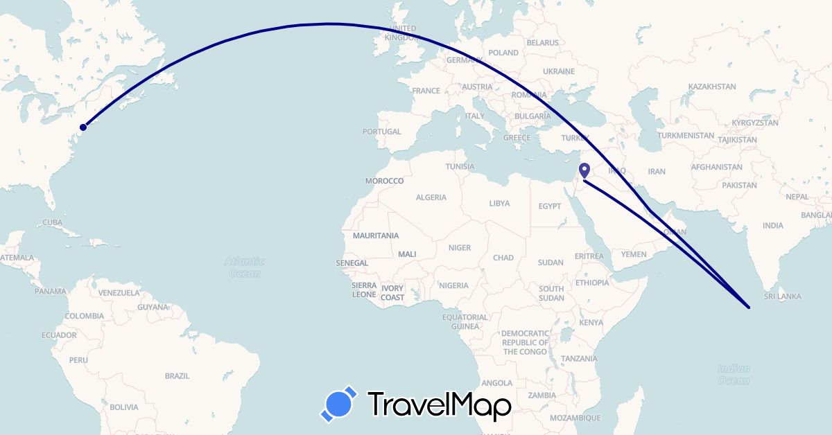 TravelMap itinerary: driving in Jordan, Maldives, Qatar, United States (Asia, North America)